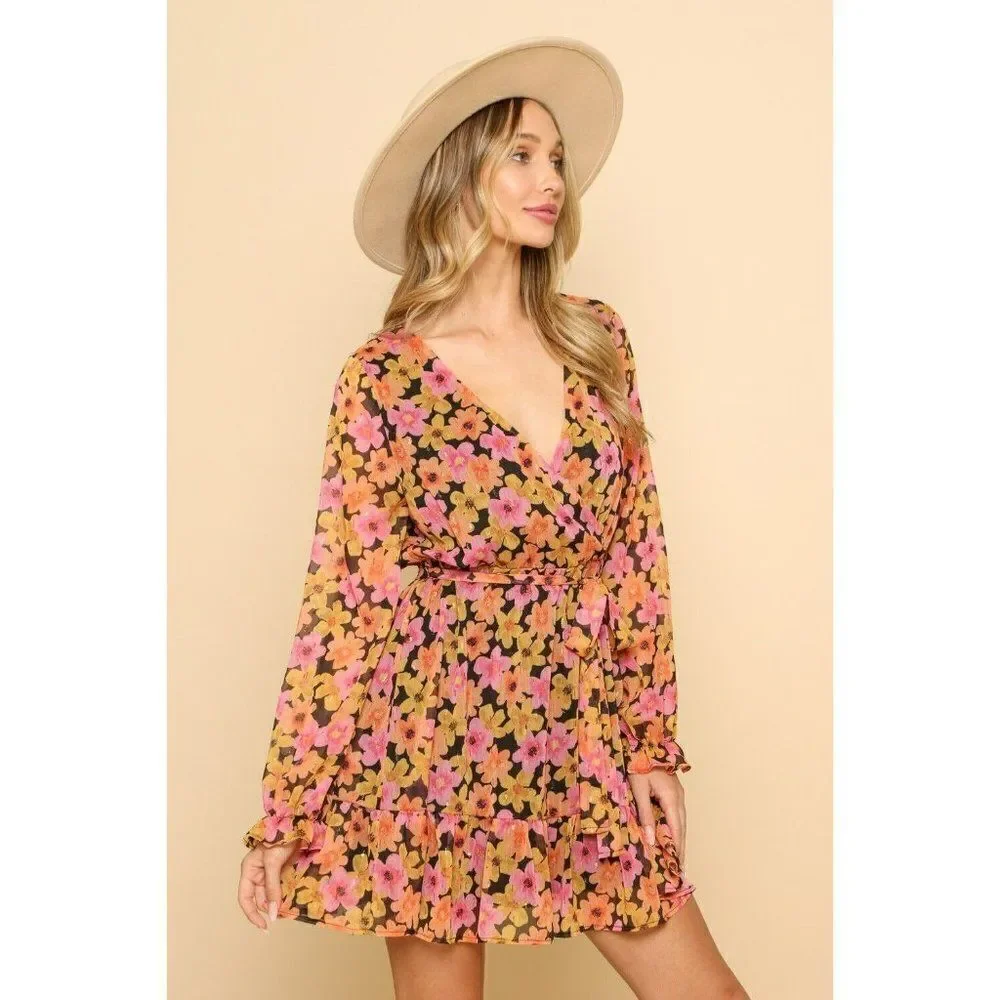 SALE! Peach Love Women Floral Fall Dress Babydoll Pink Orange Flowers D85620-01